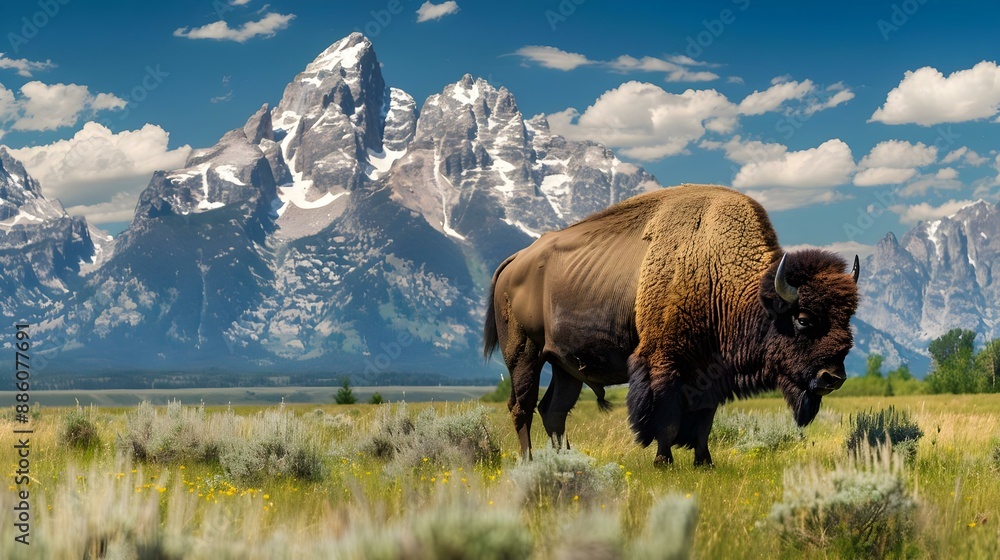 Bison in front of Grand Teton Mountain Range Bison in front of Grand Teton Mountain Range