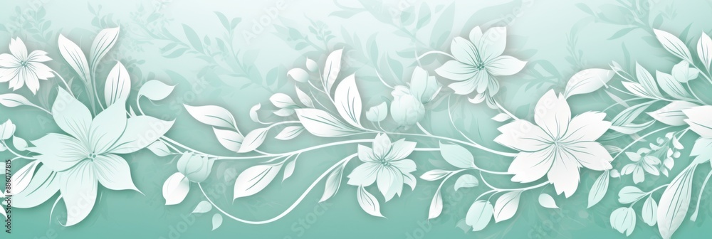 A banner with a mint green background featuring a delicate white flower arrangement with vines and leaves A banner with a mint green background featuring a delicate white flower arrangement with vines and leaves