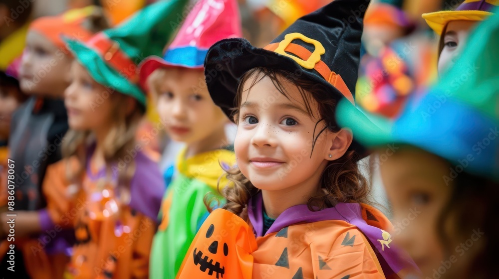 Fototapeta premium Classroom with kids in imaginative Halloween costumes enjoying a parade, school Halloween, fun and inclusive environment