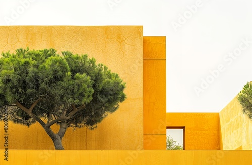 Minimalist architecture in Mada Panthera, Kish with calm yellow Mediterranean walls, surrounded by green trees and a white sky. A detail shot captured with a Canon EOS R5 camera and an RF 80mm f/2 len photo