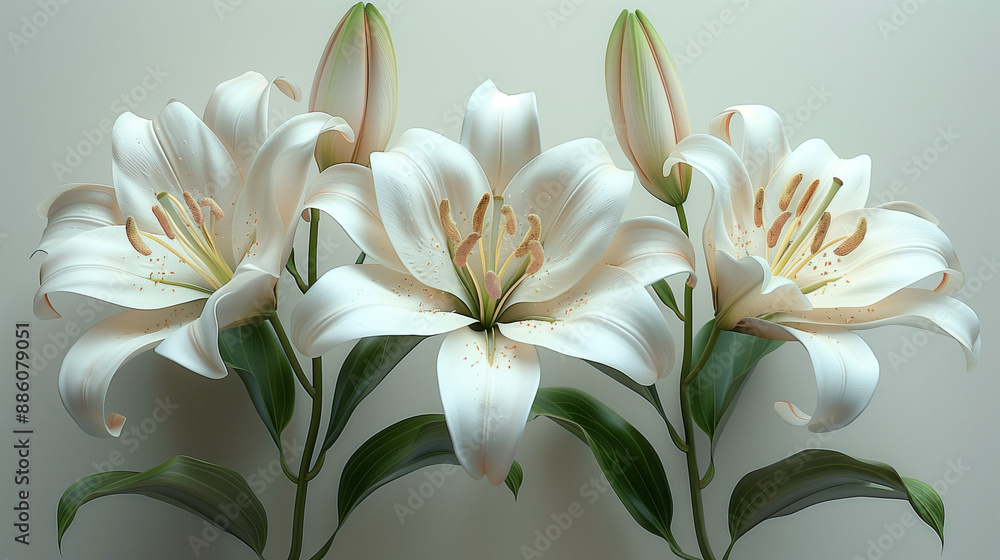 Three white lilies with buds and green leaves isolated on a white background, photo Three white lilies with buds and green leaves isolated on a white background, photo