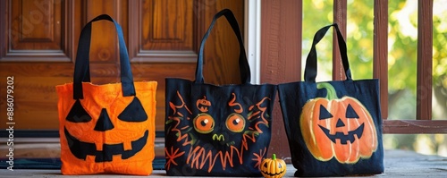 Kids painting and decorating Halloweenthemed tote bags, Halloween arts and crafts, creative classroom project