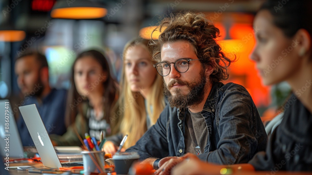 bearded eyeglasses long hair man in business meeting bearded eyeglasses long hair man in business meeting