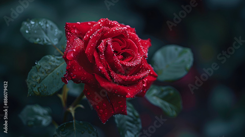 Closeup of a single deep red knockout rose blossoming with green leaves and dark background, some photos may have raindrops on the flower,Beautiful Red Rose Natural