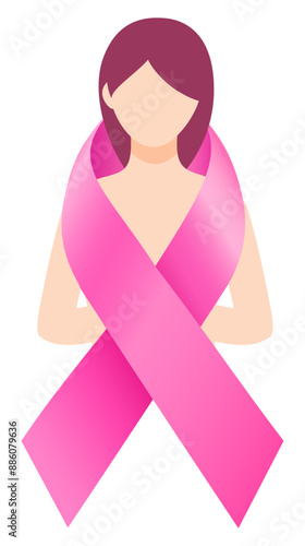 Woman with pink ribbon for breast cancer awareness month. Design for poster, banner, t-shirt. Vector illustration.