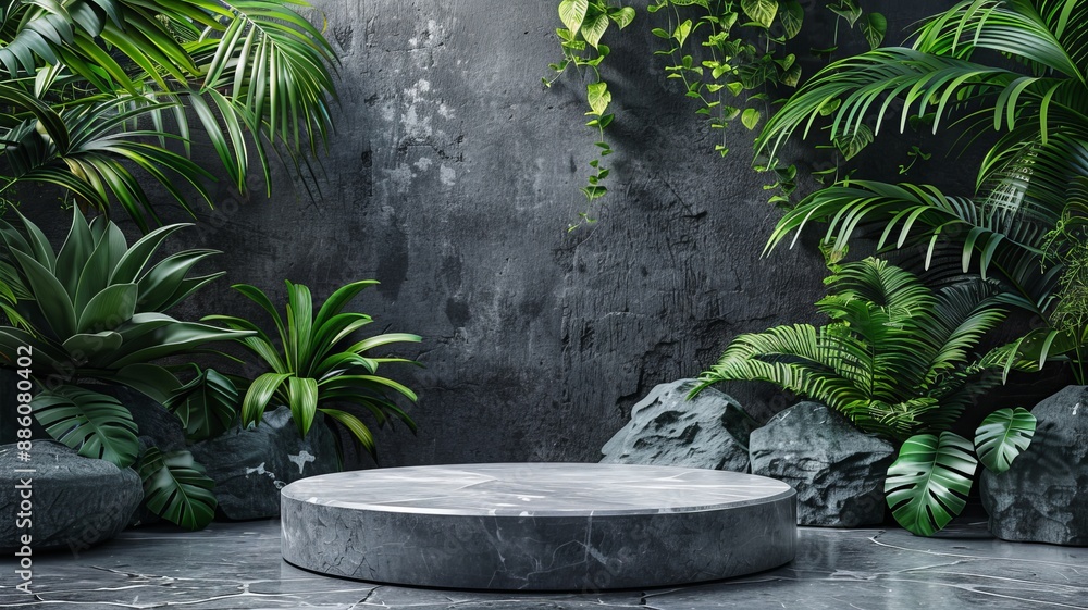 Stone podium for product presentation mockup with tropical leaves on dark background Stone podium for product presentation mockup with tropical leaves on dark background