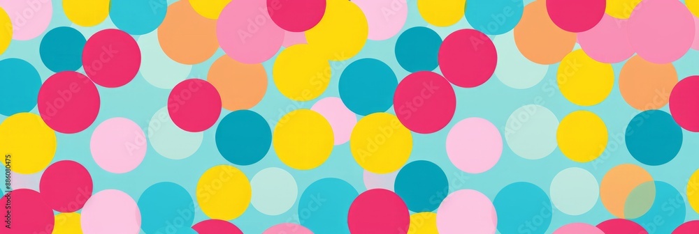 An abstract pattern of pink, yellow, orange, and blue polka dots on a turquoise background An abstract pattern of pink, yellow, orange, and blue polka dots on a turquoise background