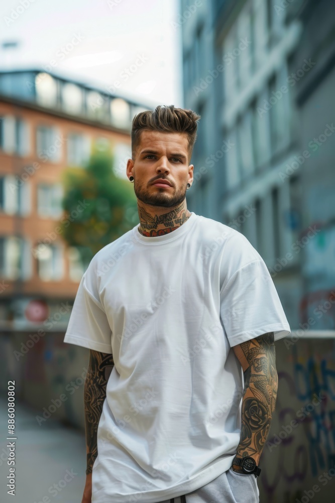 Fototapeta premium Oversize white style t-shirt mockup photo with handsome man with tattoos and light concrete background