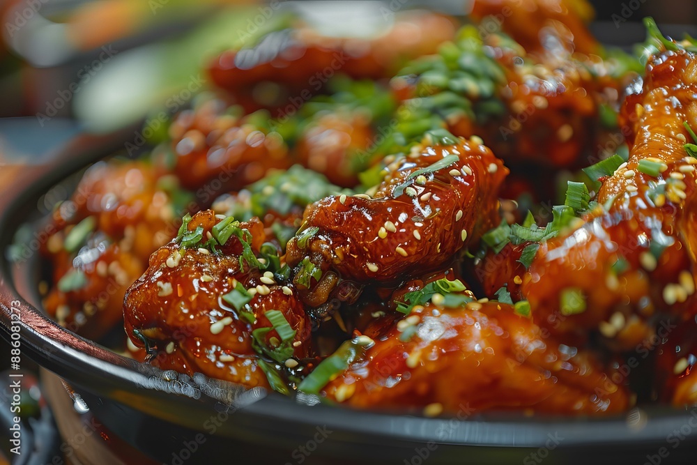 Chicken wings covered in sesame seeds and green onions, creating a visually appealing and flavorful dish Chicken wings covered in sesame seeds and green onions, creating a visually appealing and flavorful dish