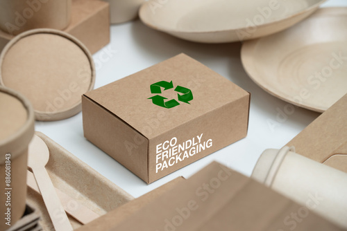 Eco Friendly Packaging for a Sustainable Future. Paper tableware from natural recyclable with a recycling sign .Responsible consumption, zero waste concept.