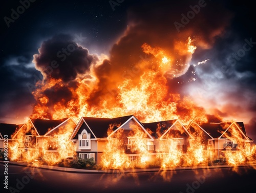 a row of houses on fire © PAPADOMUS