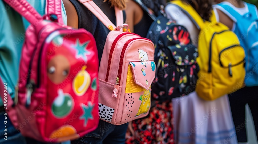 Naklejka premium A close-up view of students' backs, highlighting their unique and vividly designed backpacks, individuality and excitement as they head back to school, educational materials and promotional campaigns