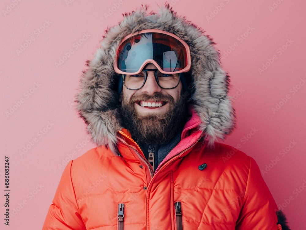 a man wearing a red coat and goggles a man wearing a red coat and goggles