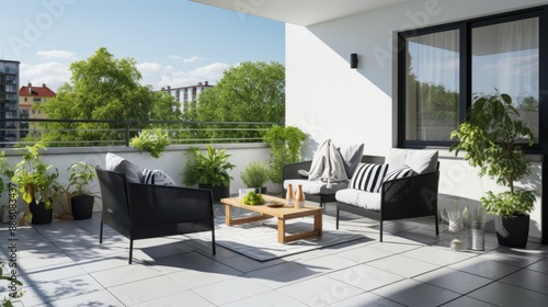 Modern apartment balcony featuring aluminum railings  creating a cozy and inviting outdoor retreat