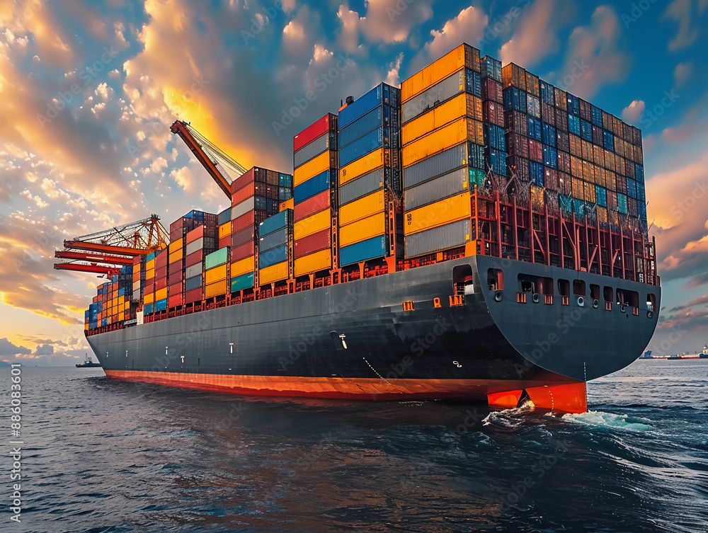 Naklejka premium Cargo Ship Sailing at Sunset