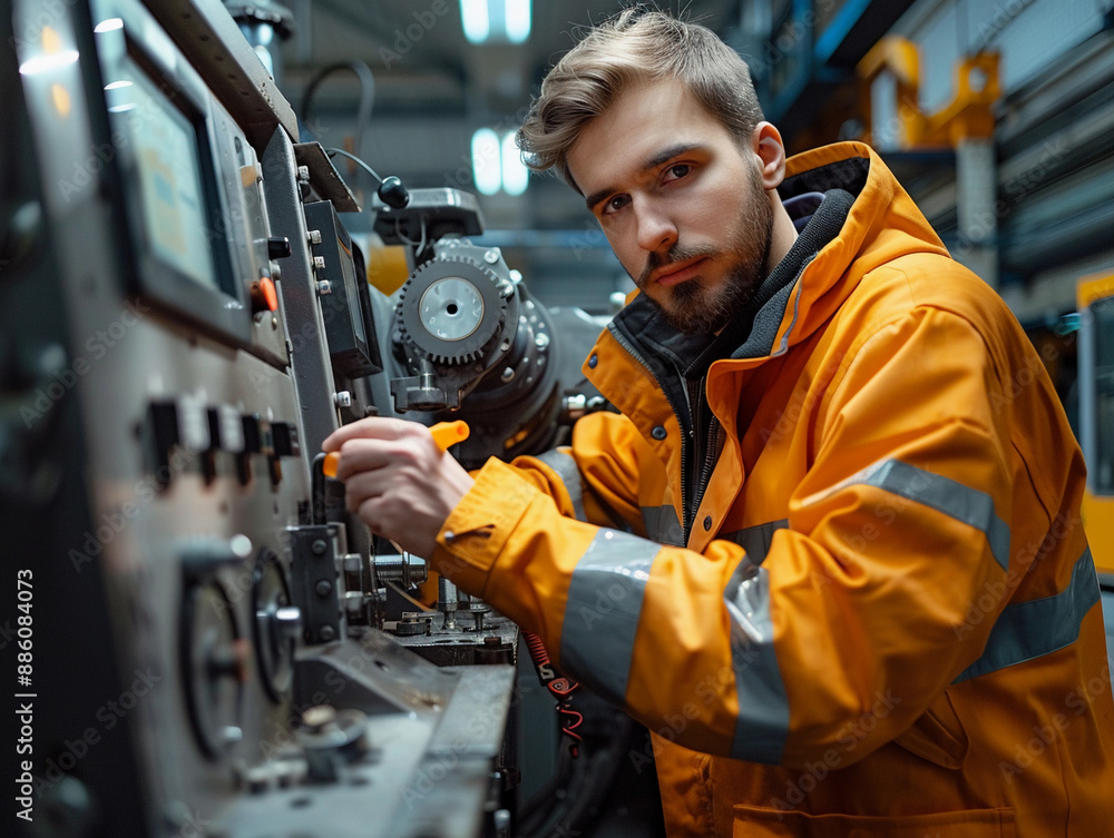 Industrial Worker Adjusting Machinery in a Factory Setting Industrial Worker Adjusting Machinery in a Factory Setting