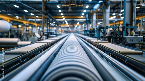 Long perspective of automated fabric production lines in a modern industrial setting, featuring advanced technology.