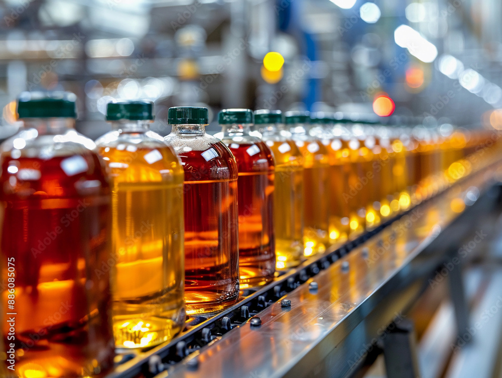 Glass Bottles of Liquid Moving on Conveyor Belt in Factory Glass Bottles of Liquid Moving on Conveyor Belt in Factory