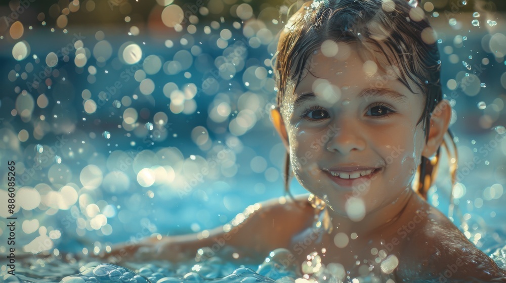 Happy young girl kid sliding down a water slide during summer holidays having fun doing outdoor activities
Happy young girl kid sliding down a water slide during summer holidays having fun doing outdoor activities
