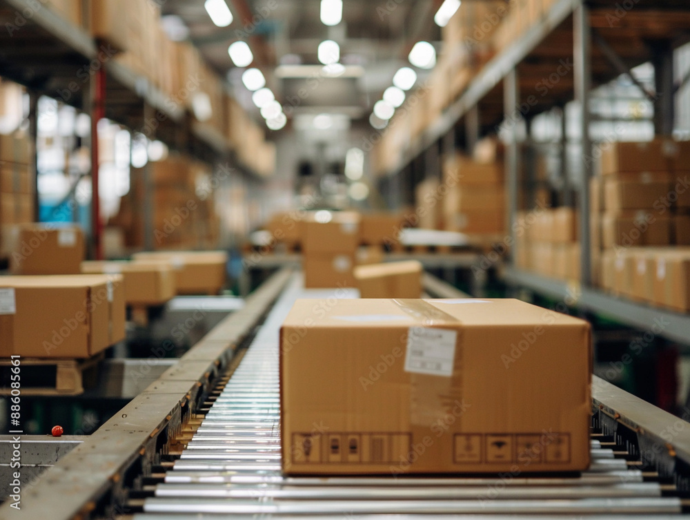 Cardboard Box Conveyor Belt Moving Through Warehouse Cardboard Box Conveyor Belt Moving Through Warehouse
