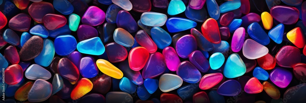 A close-up view of colorful smooth stones on a black background. The stones are arranged in a random pattern and are all different sizes and shapes A close-up view of colorful smooth stones on a black background. The stones are arranged in a random pattern and are all different sizes and shapes