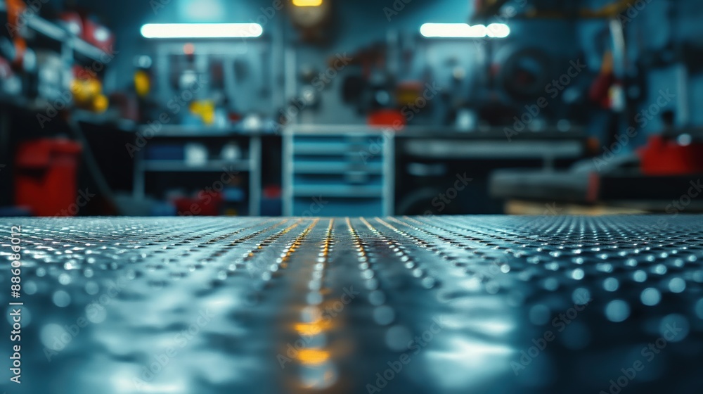 Metal Blank Tabletop with Blurred Automotive Tools and Parts Metal Blank Tabletop with Blurred Automotive Tools and Parts