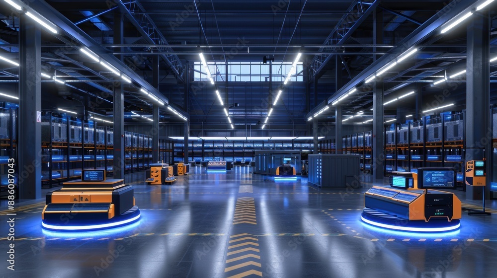 Obraz premium Advanced automated warehouse with robotic vehicles and digital interfaces enhancing operational efficiency in a large-scale logistics hub.