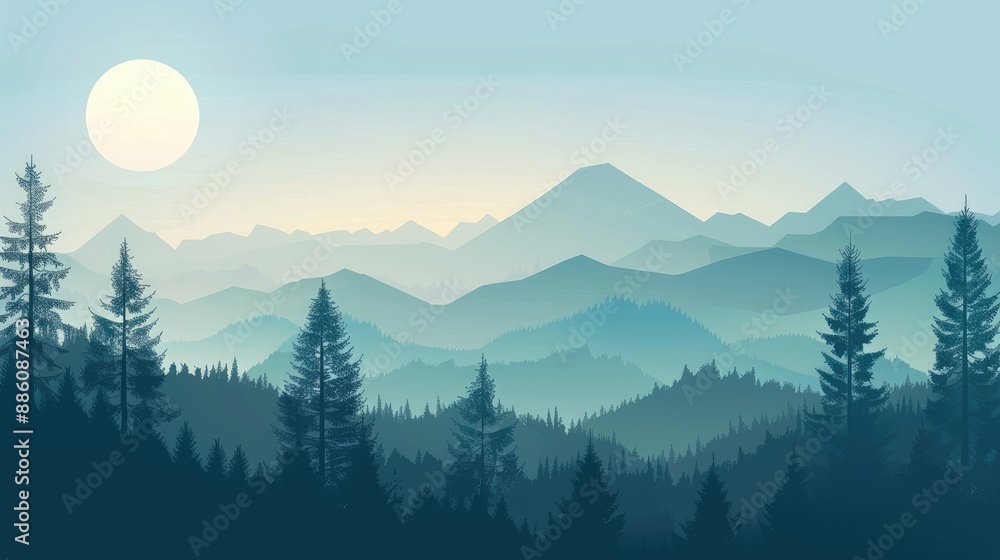 Obraz premium Misty mountains and dense coniferous forest landscape at sunrise
