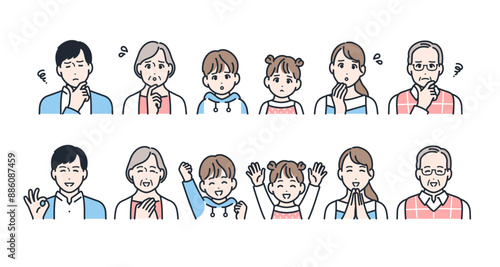 3世代家族の表情アイコンイラストセット素材