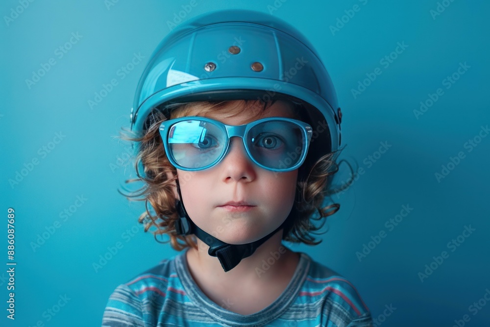 Young child with curly hair wearing a blue helmet and blue sunglasses poses on a blue background Young child with curly hair wearing a blue helmet and blue sunglasses poses on a blue background