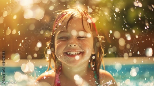 Happy young girl kid sliding down a water slide during summer holidays having fun doing outdoor activities 