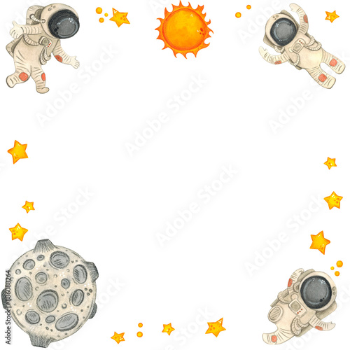 Astronauts flying in open space among stars, Moon and Sun square watercolor frame with copy space. Hand drawn children illustration isolated on white background for kids birthday invitations and cards