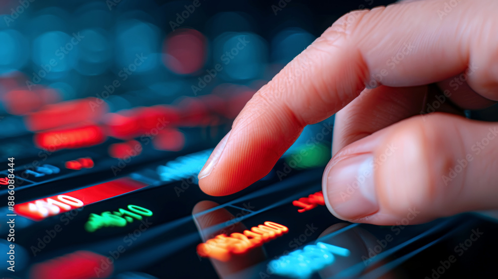 Close-up of Finger Pointing at Digital Stock Market screen Close-up of Finger Pointing at Digital Stock Market screen