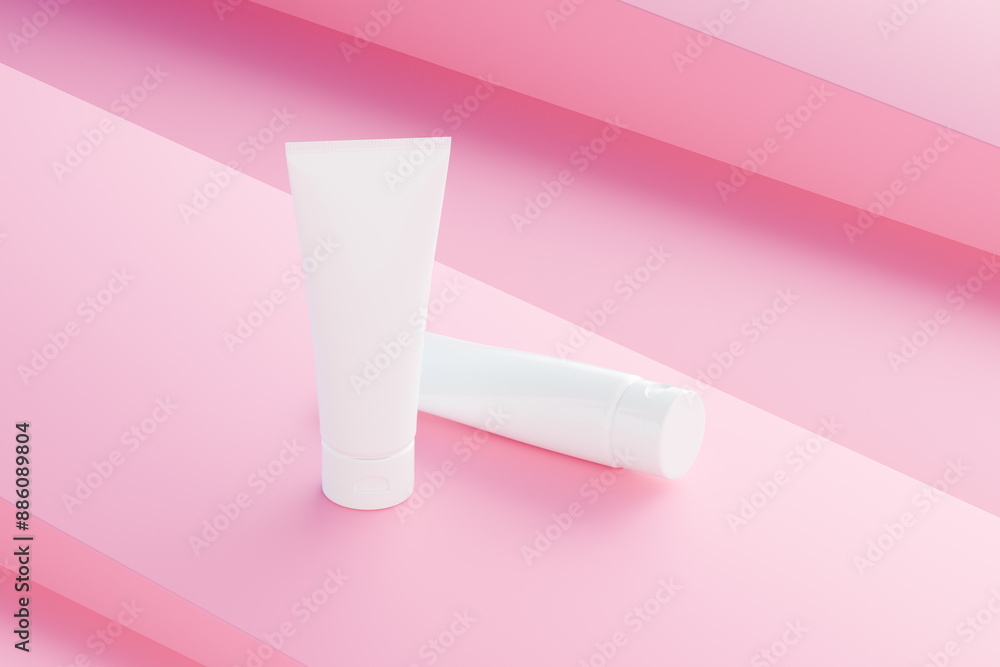 Minimalist rendering of white facial cosmetic tube on pink geometric background for product mockup presentation display Minimalist rendering of white facial cosmetic tube on pink geometric background for product mockup presentation display