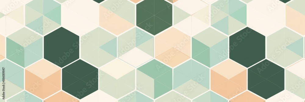 A pattern of hexagonal shapes in shades of green, beige, and blue A pattern of hexagonal shapes in shades of green, beige, and blue