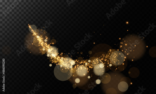 Luminous bokeh, softly shimmering with gold dust and bright star particles. Light abstract glowing lights. Glowing bokeh effect isolated on dark background. Christmas background made of glowing dust.	