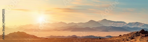 A breathtaking sunrise over a vast desert landscape with distant mountain ranges, casting warm hues across the arid terrain.