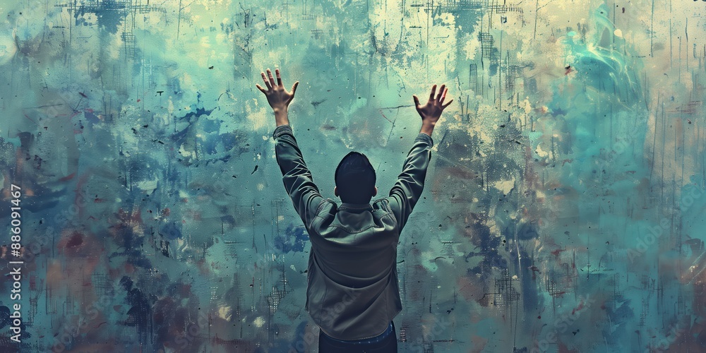 Obraz premium Man stands in front of blue wall with colorful splatters. He wears gray jacket and black pants, arms raised up to sky in worship. Digital art style with vibrant colors and abstract background.
