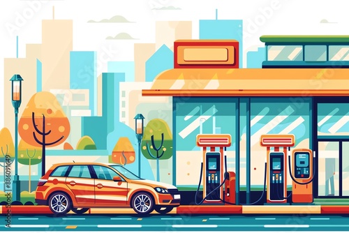 Oil consumption, fuel pumps and cars, flat design illustration
