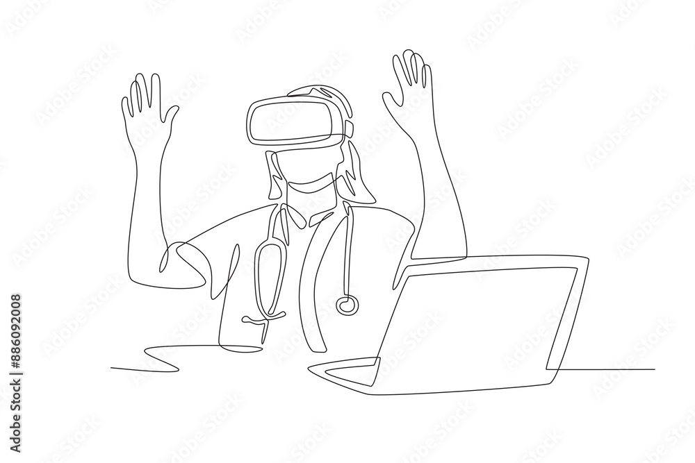 Doctor using vr while working. Medical technology concept one-line drawing Doctor using vr while working. Medical technology concept one-line drawing
