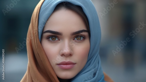 Portrait of a Beautiful Woman with a Blue and Brown Scarf