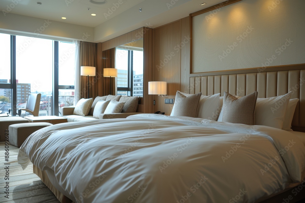Hotel Room With Modern Minimalist: Clean lines, neutral colors, and uncluttered space with sleek furniture Hotel Room With Modern Minimalist: Clean lines, neutral colors, and uncluttered space with sleek furniture