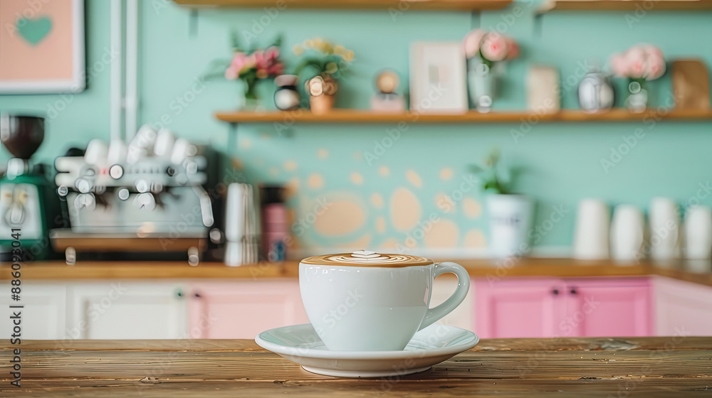 Obraz premium Master Barista Creating Swirled Latte Art in Pastel-Colored Trendy Cafe