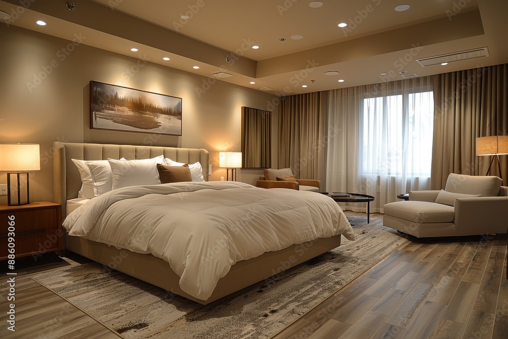 Hotel Room With Modern Minimalist: Clean lines, neutral colors, and uncluttered space with sleek furniture Hotel Room With Modern Minimalist: Clean lines, neutral colors, and uncluttered space with sleek furniture