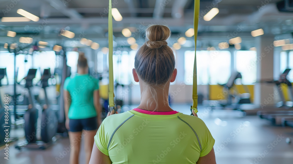 Dynamic Fitness Trainer Guiding Client in Modern Gym with Vibrant Color Scheme Dynamic Fitness Trainer Guiding Client in Modern Gym with Vibrant Color Scheme