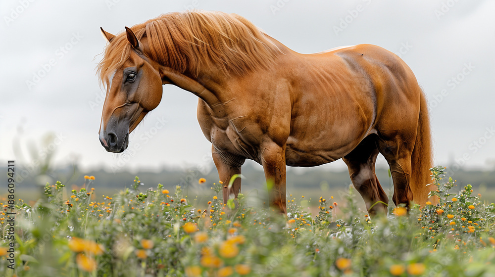 Fototapeta premium A photo of a bay horse grazing quietly in a meadow with flowers on a sunny summer day