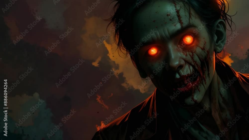 Creepy scary zombie, animated horror in cartoon style. Dead man with glowing eyes looking at the camera Creepy scary zombie, animated horror in cartoon style. Dead man with glowing eyes looking at the camera