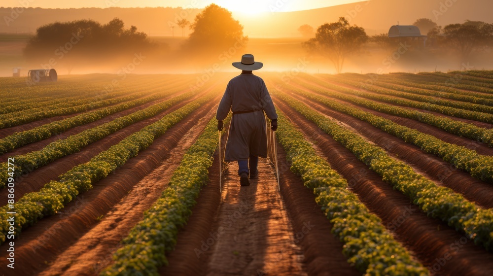 Fototapeta premium Silhouetted man in hat walking through coffee plantation during beautiful sunrise