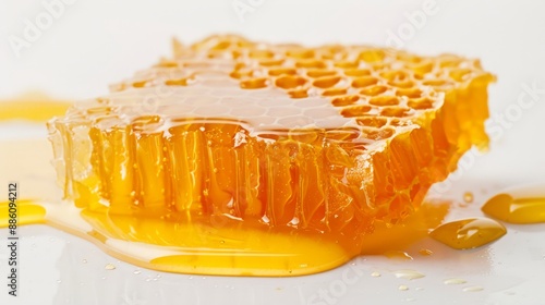 A piece of natural honeycomb with melting honey, on a white background. AI generated images.