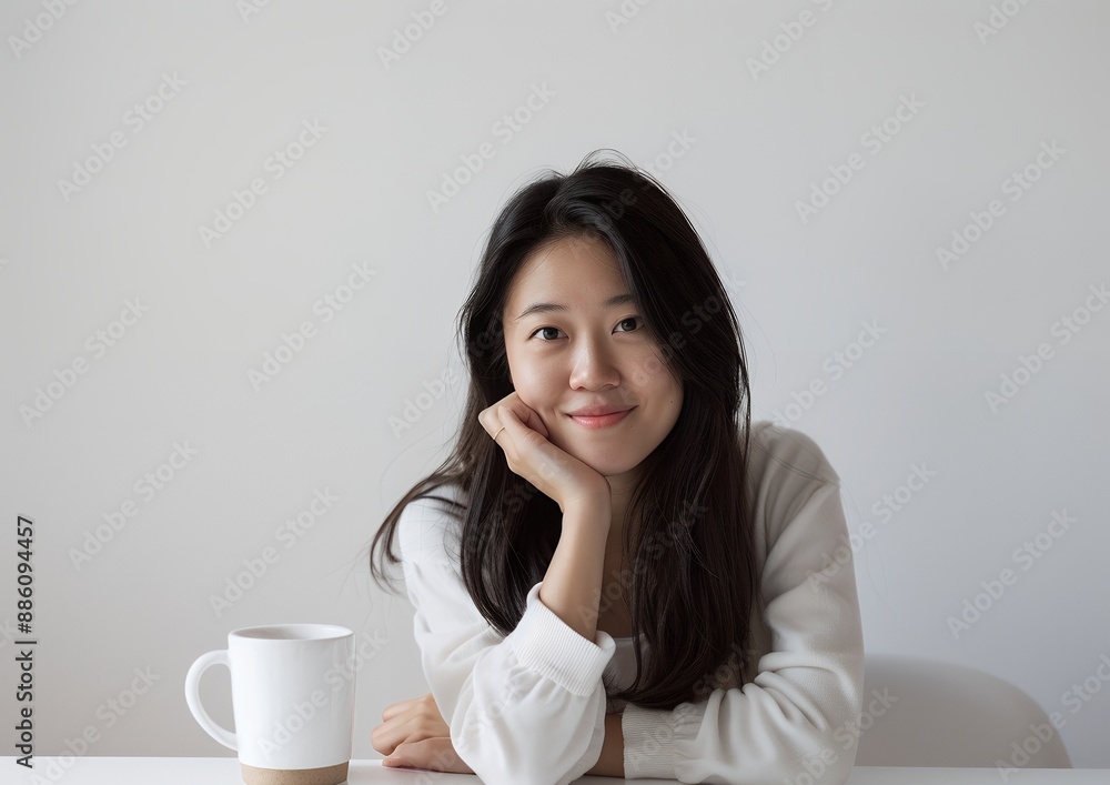 A photo of an Asian woman sitting at a table with her chin resting on one hand, smiling and looking into the camera, with a white background and white wall, with a coffee mug on top of the desk, in a A photo of an Asian woman sitting at a table with her chin resting on one hand, smiling and looking into the camera, with a white background and white wall, with a coffee mug on top of the desk, in a